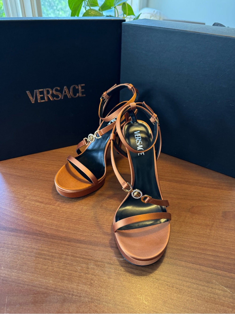 Versace Brown Satin Ankle-Strap Platform Heels with Gold Medallions